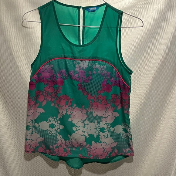 L'Amour Tops - L'Amour Green Floral Mesh-Panel Tank with Pink Accents
